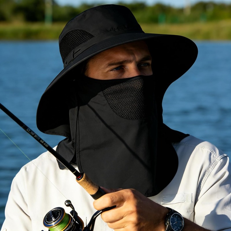 Fishing Mask Sun Protection - หมวกกันแดดกลางแจ้งป้องกันรังสียูวีสำหรับผู้ชายและผู้หญิง ปีกกว้าง ระบายอากาศได้ดี หมวกตกปลาพร้อมผ้าคลุมคอและหน้ากากปิดหน้าแบบระบายอากาศ