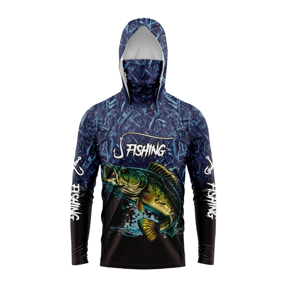 Fishing Hoodie - เสื้อฮู้ดตกปลาลายปลาบาสสำหรับผู้ชาย พร้อมหน้ากากป้องกัน แห้งเร็ว ระบายอากาศได้ดี แขนยาว เสื้อกีฬาตกปลาสำหรับกิจกรรมกลางแจ้ง