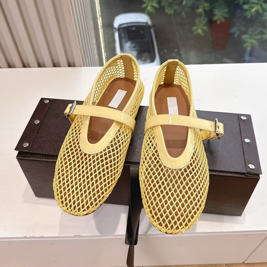 Fishing Belt - รองเท้าส้นเตี้ยแบบสานลายตาข่าย ดีไซน์เนอร์แบรนด์ รุ่นแมรี่เจน สำหรับผู้หญิง สไตล์แฟรี่ ใส่กับกระโปรงได้