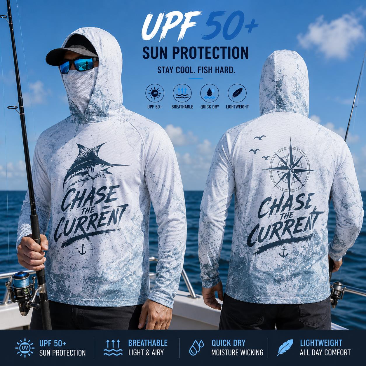 Fishing Hoodie - เสื้อฮู้ดดี้ตกปลาผู้ชาย แขนยาว ป้องกันใบหน้า แห้งเร็ว เสื้อกันแดด เสื้อเจอร์ซีย์ตกปลา