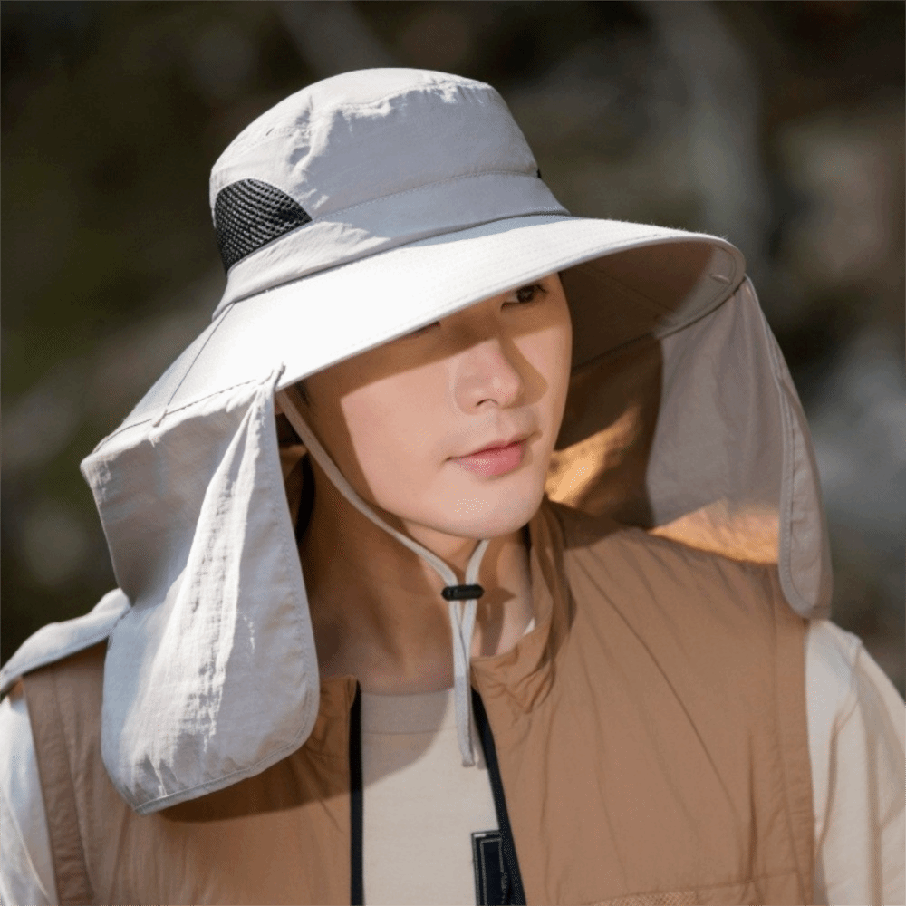 Fishing Hat - หมวกแฟชั่นผ้าสำหรับผู้ชาย ปีกกว้าง ผ้าคลุมถอดได้ หมวกกันแดดสำหรับผู้หญิง พร้อมสายคล้องคอ ป้องกันแสงแดด