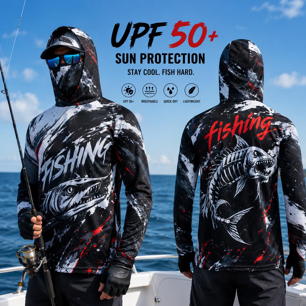Fishing Hoodie - เสื้อตกปลาผู้ชายมีฮู้ด ป้องกันแสงแดด UPF ระบายอากาศได้ดี แขนยาว แห้งเร็ว