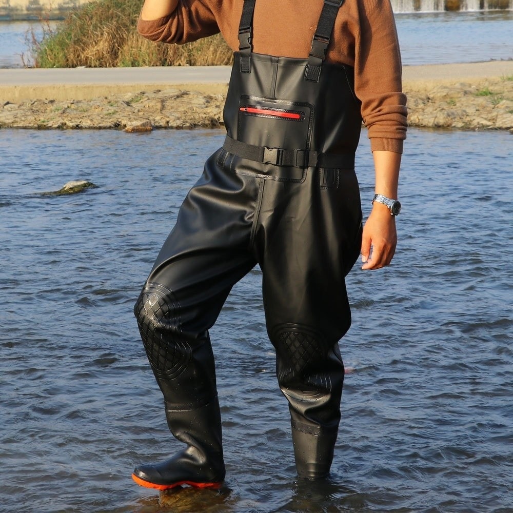 Fishing Waders - ชุดตกปลา PVC แบบหนา พร้อมแผ่นรองเข่าสองชั้น ดีไซน์แบบชุดคลุมทั้งตัว พร้อมรองเท้าบูท
