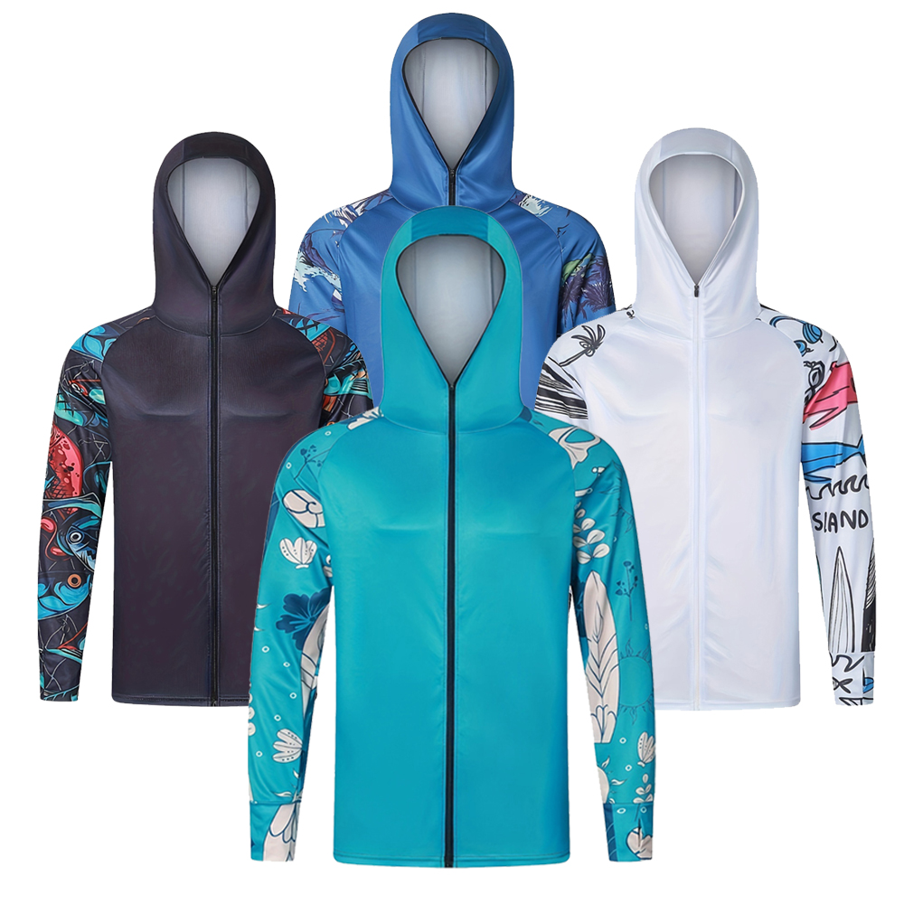 Fishing Jacket Waterproof - แจ็คเก็ตป้องกันรังสียูวี UPF 50+ เดินป่าตกปลาสวมเสื้อเจอร์ซีย์มีฮู้ดซิปแขนยาวแห้งเร็วเสื้อผ้าตกปลา
